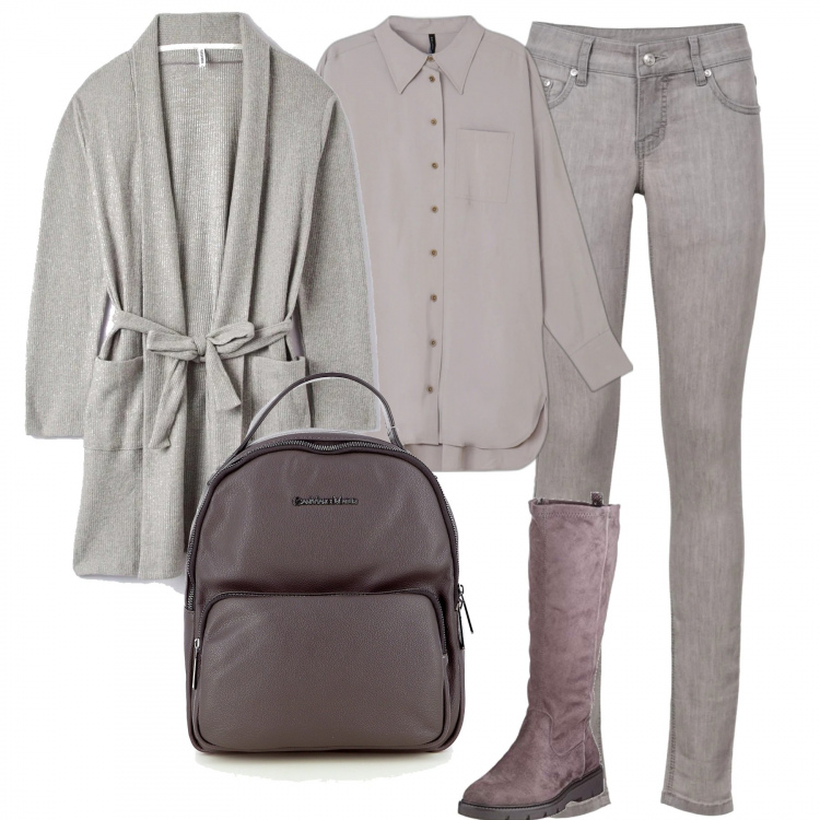 Outfit donna - In grigio. Stile Casual per Tutti i giorni. Abbinamento con jeans skinny, vestiti midi/longuette, zaini, camicie, stivali.