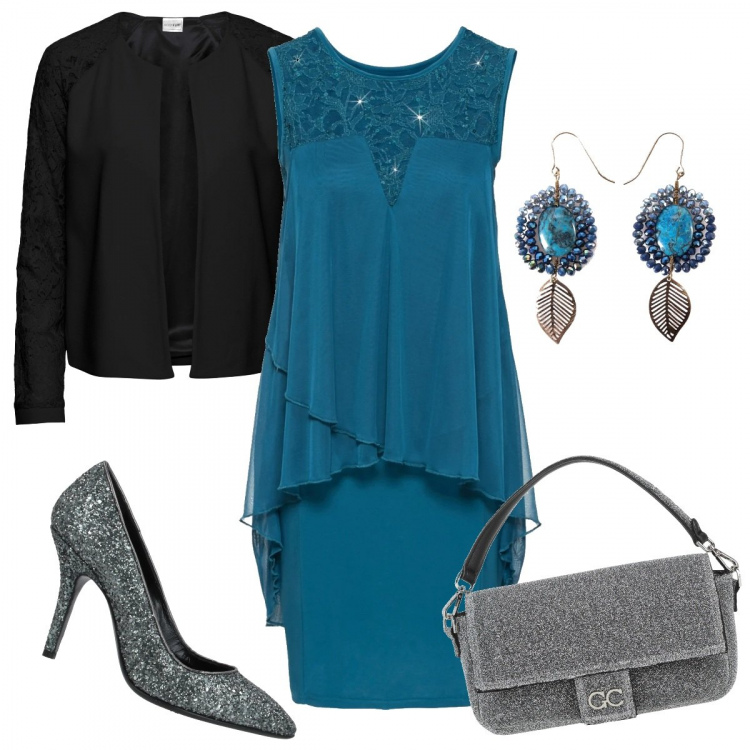 Outfit donna - Curvy da sera. Stile Chic per Serata fuori. Abbinamento con blazer, vestiti, borse a mano, décolleté, orecchini.