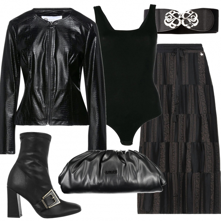 Outfit donna - I love black. Stile Trendy per Tutti i giorni. Abbinamento con cinture, gonne lunghe, giacche, stivaletti, body, pochette.