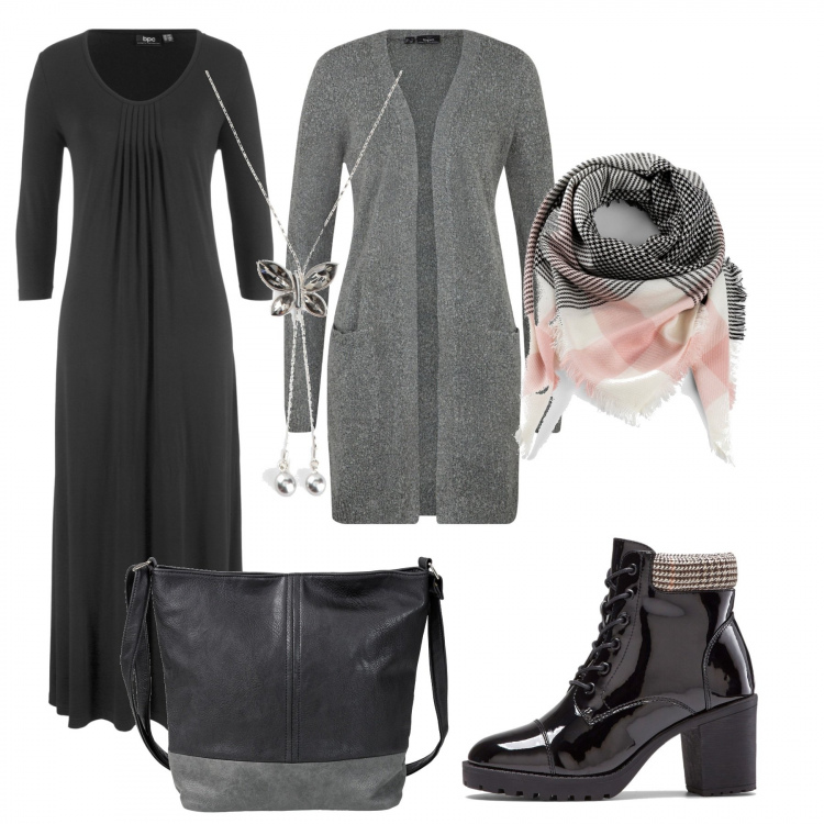 Outfit donna - Free Sunday. Stile Urban per Tutti i giorni. Abbinamento con vestiti lunghi, cardigans, stivaletti, foulard, shopping bag, ciondoli.