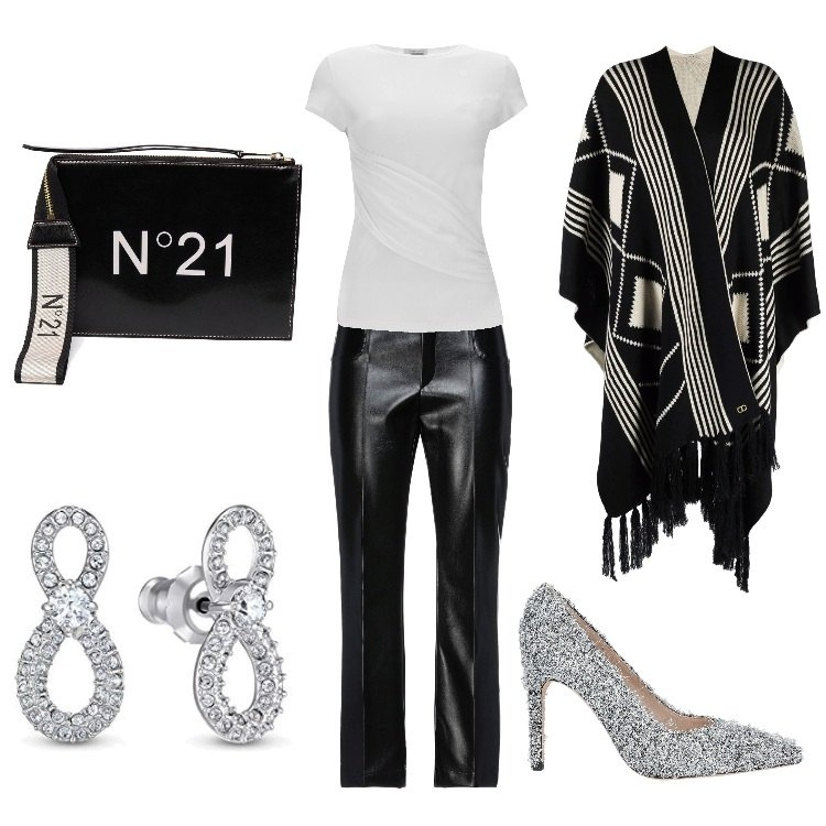 Outfit donna - Serata rock. Stile Glamour per Serata fuori. Abbinamento con décolleté, pantaloni skinny, cardigans, clutch, t-shirt, orecchini.