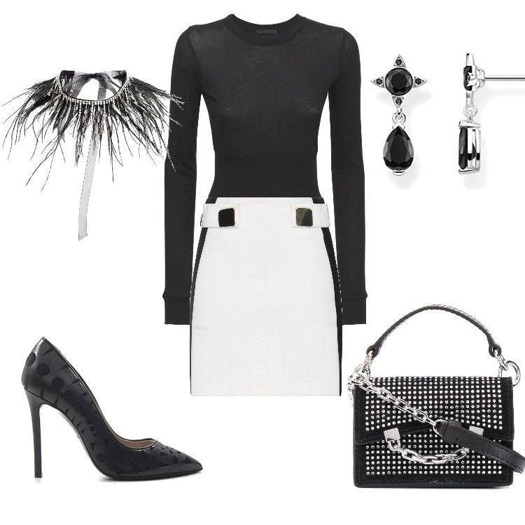 Outfit donna - Bianco & nero in compagnia. Stile Glamour per Serata fuori. Abbinamento con gonne longuette, décolleté, collane, borse tote, orecchini, t-shirt.