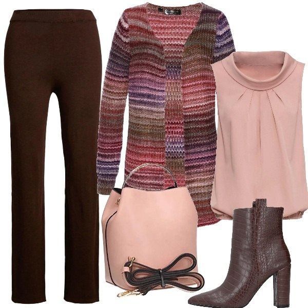 Outfit donna - Autunno shabby. Stile Trendy per Tutti i giorni. Abbinamento con stivaletti, top, cardigans, pantaloni, borse a tracolla.