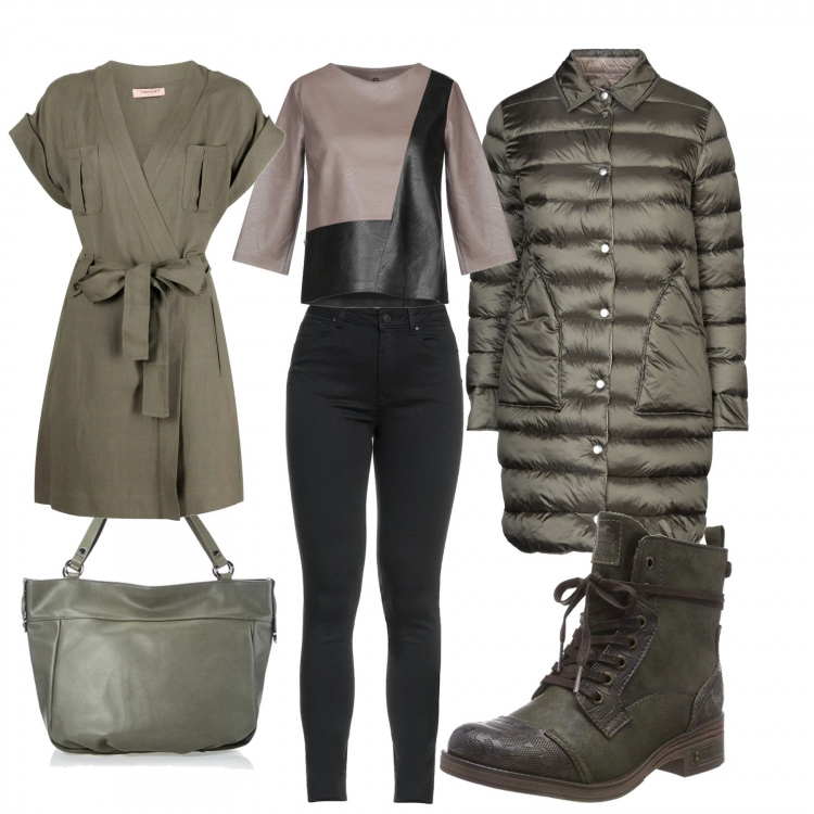 Outfit donna - Sempre verde. Stile Urban per Tutti i giorni. look ideale per Tall. Abbinamento con bluse, piumini, jeans skinny, vestiti, stivaletti, borse a spalla.