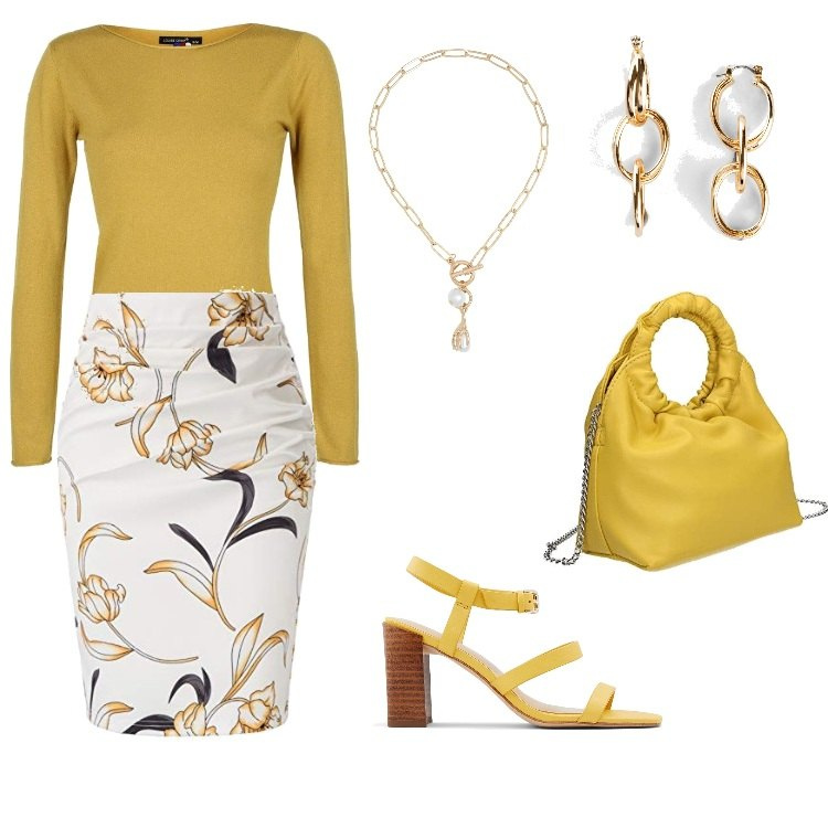 Outfit donna - La luce dell\'ocra. Stile Minimal per Tutti i giorni. Abbinamento con orecchini, collane, pullovers, sandali in pelle, minigonne, pochette.