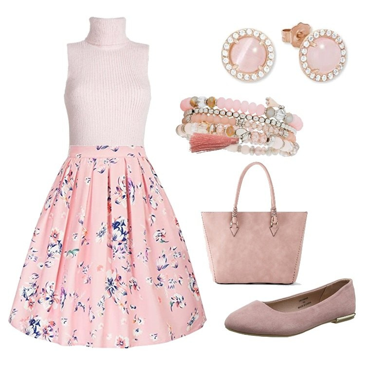 Outfit donna - Dolce rosa. Stile Bon Ton per Tutti i giorni. Abbinamento con shopping bag, braccialetti, top, orecchini, ballerine, gonne longuette.