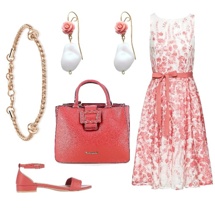 Outfit donna - Una pausa da favola. Stile Bon Ton per Tutti i giorni. Abbinamento con vestiti midi/longuette, sandali in pelle, orecchini, borse a mano, braccialetti.
