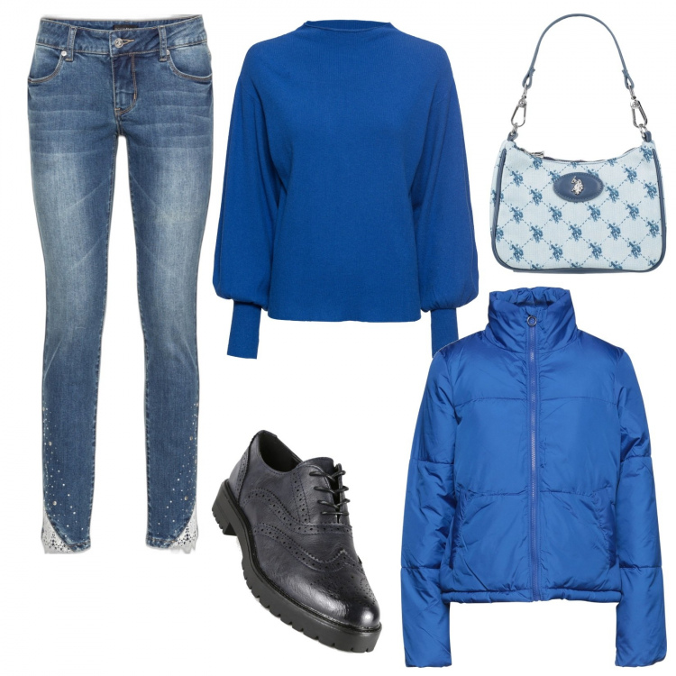 Outfit donna - Blu elettrico mon amour. Stile Casual per Tutti i giorni. Abbinamento con maglieria, jeans, piumini, borse a mano, francesine.