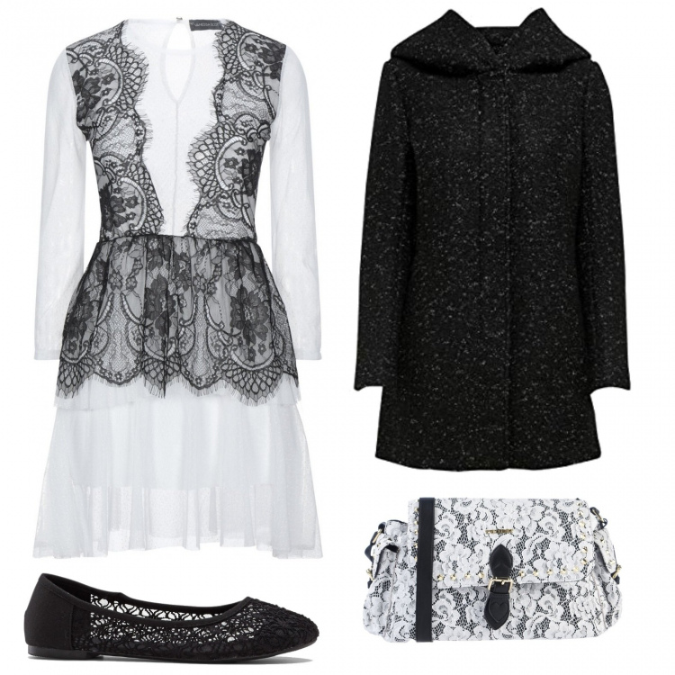 Outfit donna - Pizzo e tulle (vegan look). Stile Romantica per Serata fuori. Abbinamento con ballerine, vestiti corti, borse a tracolla, cappotti.