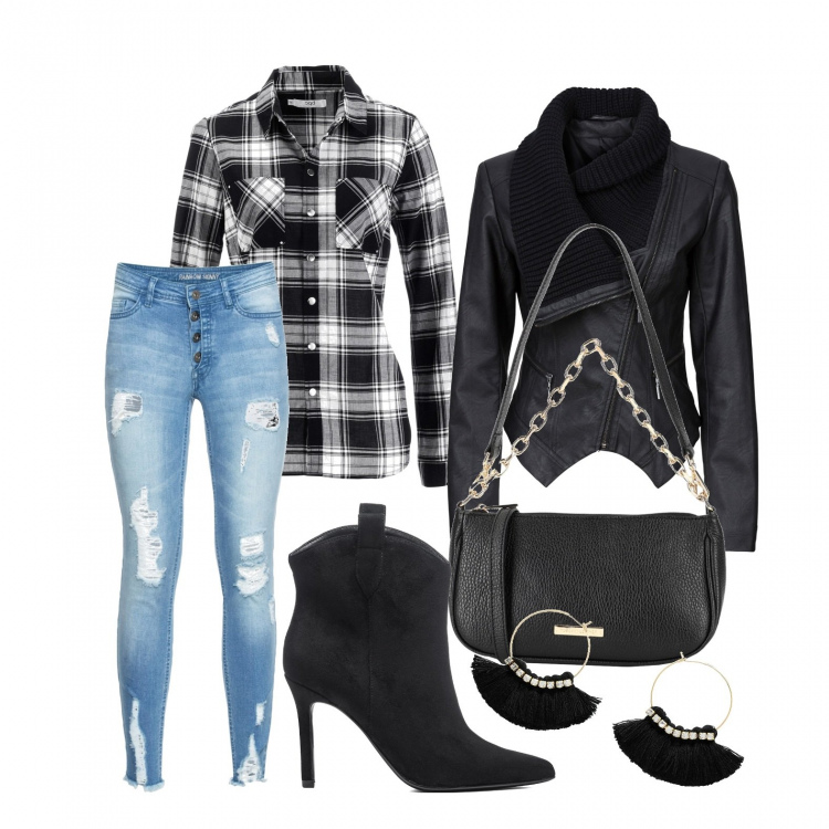 Outfit donna - Stile country ma a modo mio. Stile Casual chic per Tutti i giorni. Abbinamento con blazer, camicie, jeans strappati, borse a mano, orecchini, stivaletti.