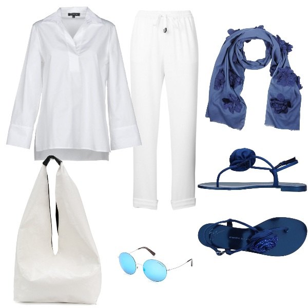 Outfit donna - Yoga bon ton. Stile Bon Ton per Sport. Abbinamento con camicia collo con revers a maniche lunghe in cotone tinta unita, infradito con strass senza tacco con fibbia e punta tonda in raso tinta unita, stola con frange in cotone tinta unita, borsa a mano tote bianco, pantaloni jogger crop bianco, occhiali da sole blu.
