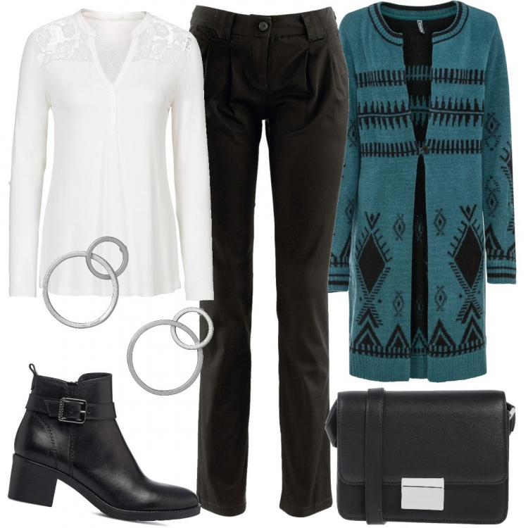 Outfit donna - Quel tocco in più. Stile Basic per Tutti i giorni. Abbinamento con pantaloni chino, cardigans, maglieria, borse a tracolla, stivaletti, orecchini.