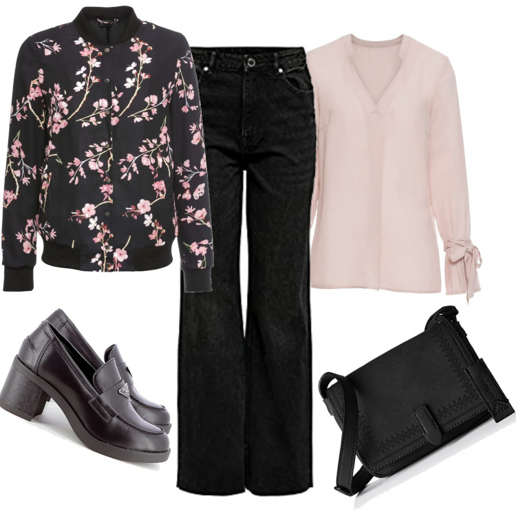 Outfit donna - In fiore (vegan look). Stile Casual chic per Tutti i giorni. Abbinamento con bomber, bluse, mocassini, jeans, borse a tracolla.