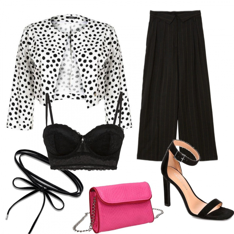 Outfit donna - Questione di dettagli. Stile Sexy per Serata fuori. Abbinamento con reggiseni a balconcino, blazer, pantaloni a palazzo, sandali col tacco, ciondoli, pochette.