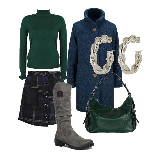 Outfit donna - Preppy style. Stile Preppy per Tutti i giorni. Abbinamento con cappotti, minigonne, pullovers, borse a spalla, stivali, orecchini.