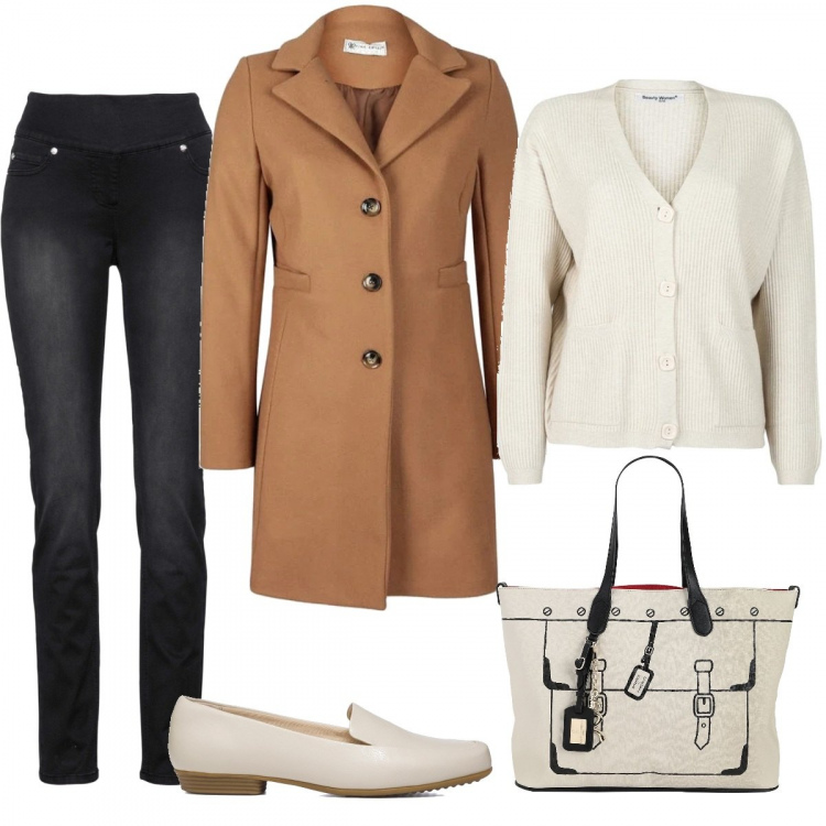 Outfit donna - Commessa in negozio. Stile Casual per Tutti i giorni. Abbinamento con jeans, borse a mano, cappotti, cardigans, ballerine.