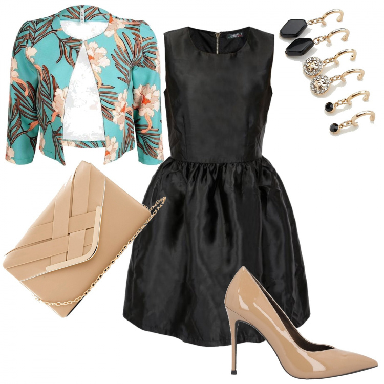 Outfit donna - Invitata cena elegante. Stile Chic per Serata fuori. Abbinamento con gonne, décolleté, vestiti senza maniche, blazer, orecchini.