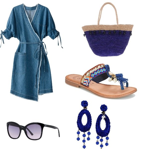 Outfit donna - Passeggiata al mare in violet. Stile Trendy per Tutti i giorni. Abbinamento con borsa a mano maxi contrasto doppio manico interno sfoderato, orecchini contrasto in raso, occhiali da sole fantasia multicolore montatura in plastica, infradito blu, vestito.