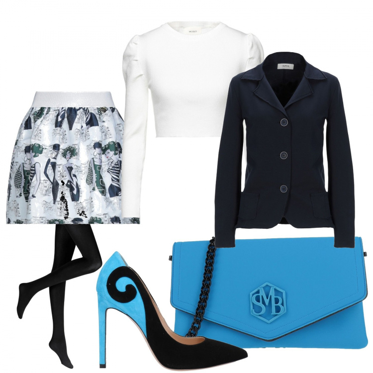 Outfit donna - A cena fuori in amicizia. Stile Glamour per Serata fuori. Abbinamento con collant, décolleté, minigonne, pullovers, borse a tracolla, blazer.
