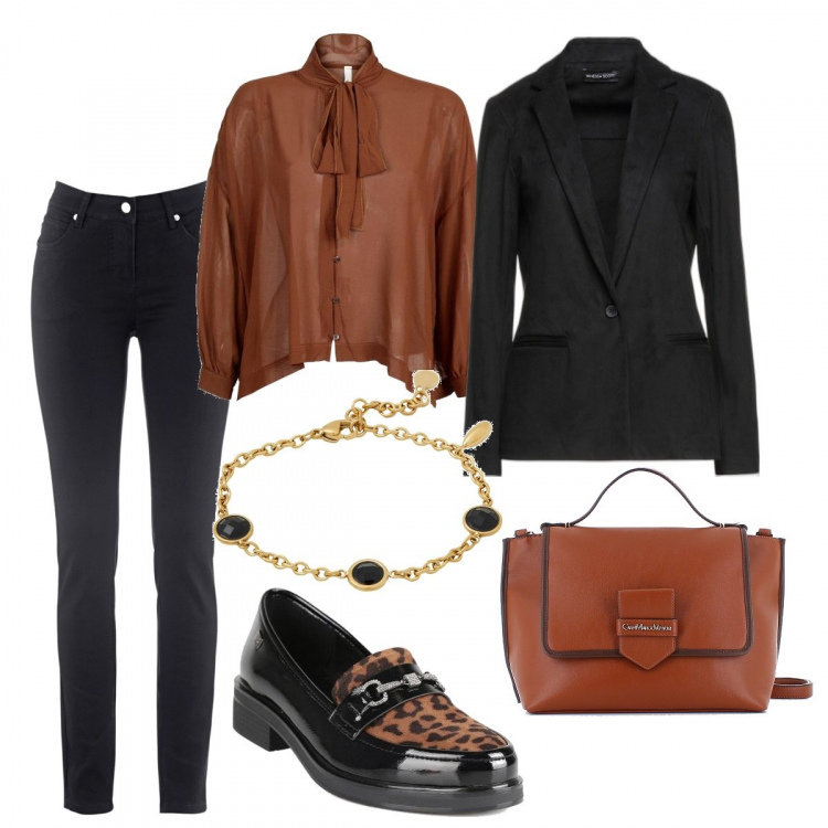 Outfit donna - Il mocassino autunnale. Stile Glamour per Tutti i giorni. Abbinamento con jeans dritti, blazer, braccialetti, mocassini, camicie, borse a mano.