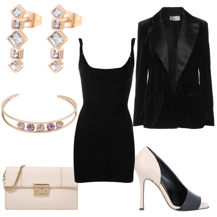 Outfit donna - Con la mia amica. Stile Glamour per Serata fuori. Abbinamento con décolleté, blazer, braccialetti, orecchini, vestiti corti, pochette.