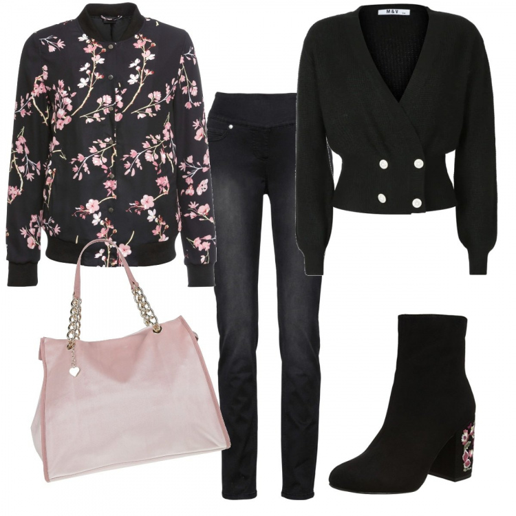Outfit donna - Fiori rosa su giubbotto e tacco. Stile Casual chic per Tutti i giorni. Abbinamento con bomber, jeans, borse a mano, cardigans, stivali.