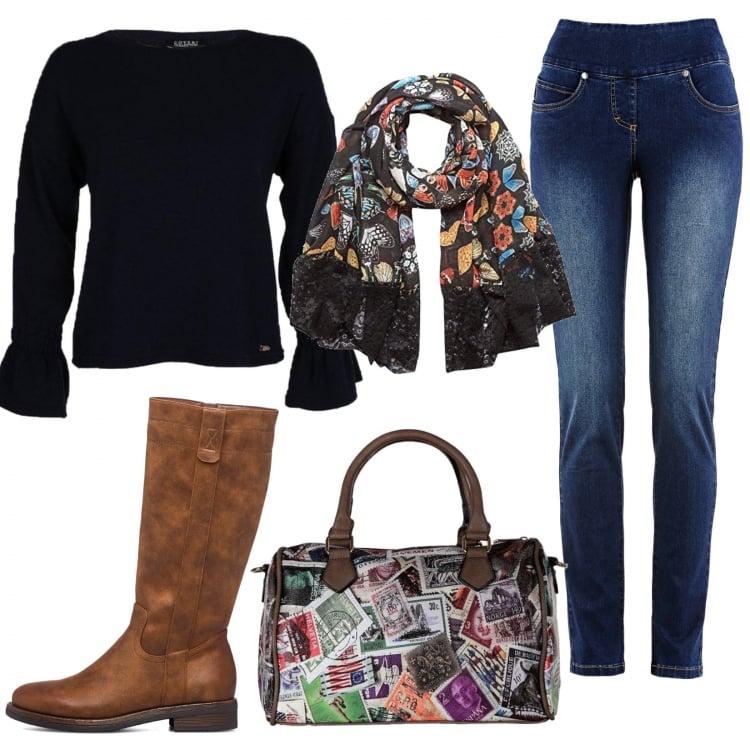 Outfit donna - A cena fuori in amicizia. Stile Basic per Serata fuori. Abbinamento con jeans slim fit, pullovers, borse a mano, stivali, sciarpe.