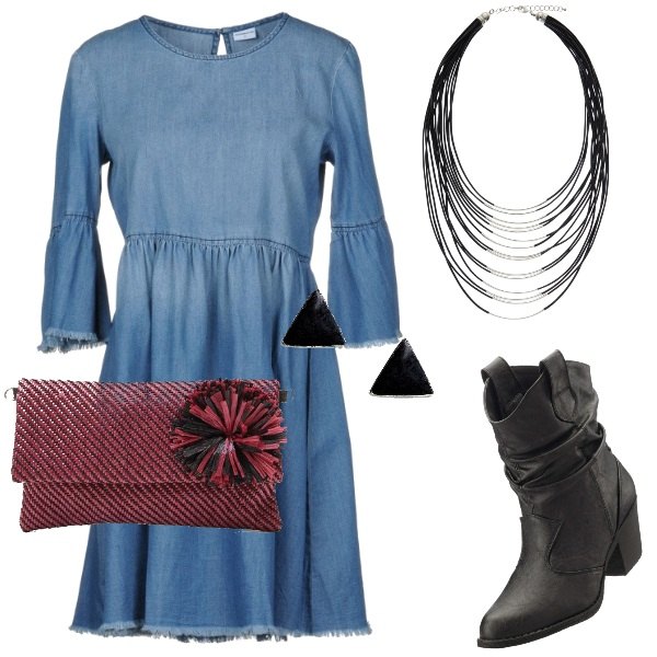 Outfit donna - Denim per le tue sera d\'estate. Stile Trendy per Tutti i giorni. Abbinamento con stivaletti texani, collier nero, vestito corto a trapezio senza tasche delavé collo tondo con pieghe, orecchini a bottone farfalla argento e nero, pochette maxi in pelle sintetica.