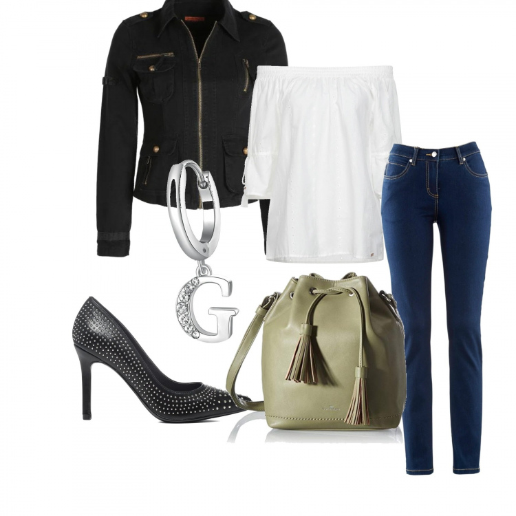 Outfit donna - Un tocco di verde. Stile Casual per Ufficio. Abbinamento con jeans dritti, bluse, blazer, orecchini, décolleté, zaini.