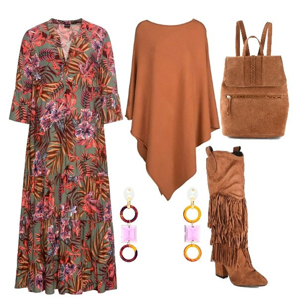 Outfit donna - Etnica con gli stivali. Stile Etnico per Tutti i giorni. Abbinamento con vestiti lunghi, zaini, orecchini, stivali, cappotti.