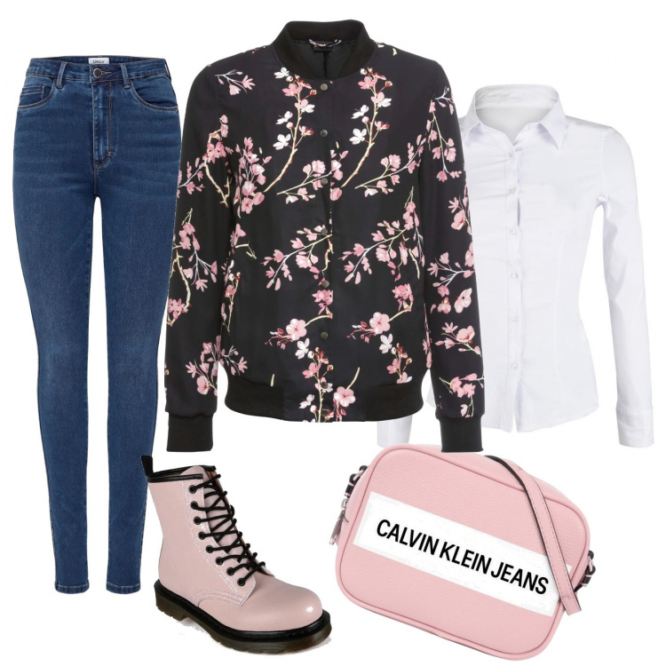 Outfit donna - Il bomber a fiori. Stile Basic per Tutti i giorni. Abbinamento con bomber, anfibi, camicie, borse a tracolla, jeans skinny.