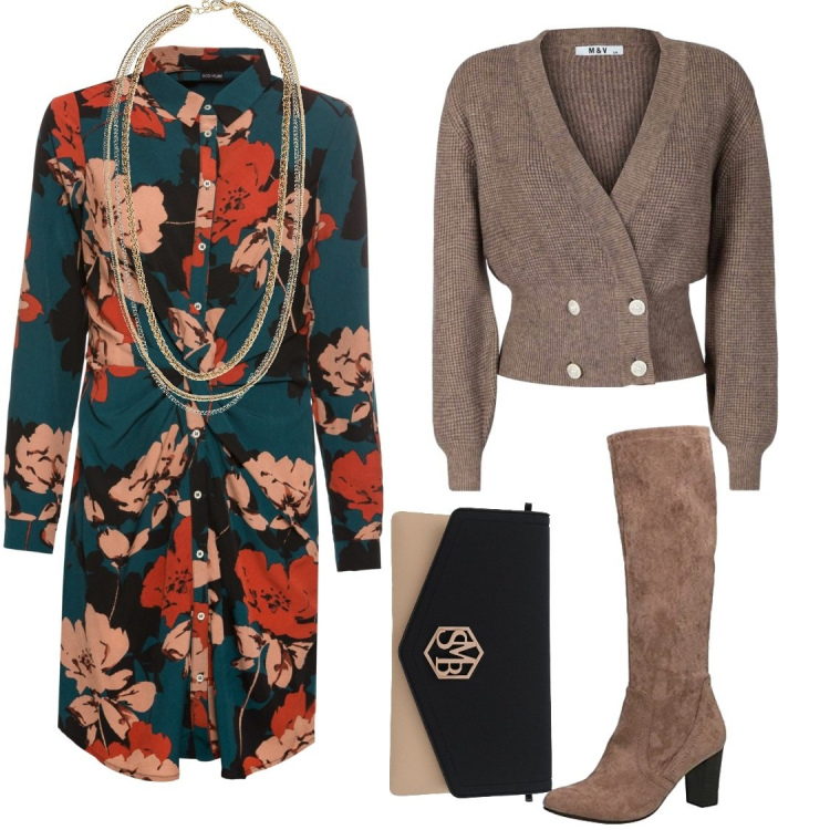 Outfit donna - Autunno botanico con foglie e fiori. Stile Casual chic per Tutti i giorni. Abbinamento con borse a mano, vestiti, cardigans, collane, stivali.