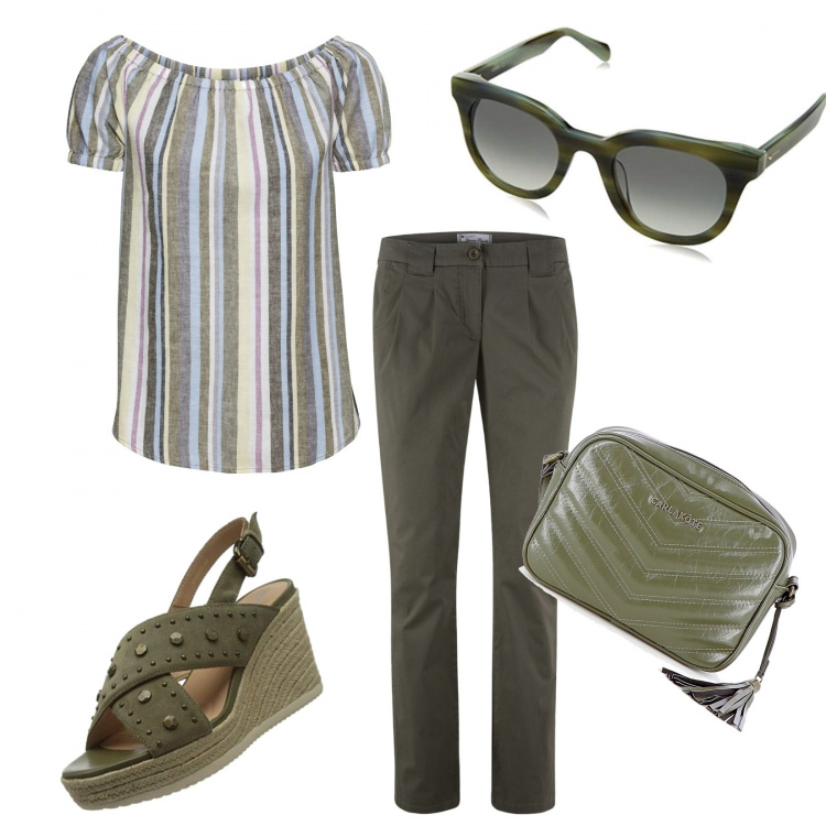 Outfit donna - Fa ancora caldo. Stile Urban per Tutti i giorni. Abbinamento con pantaloni chino, bluse, borse a tracolla, sandali col tacco, occhiali da sole.