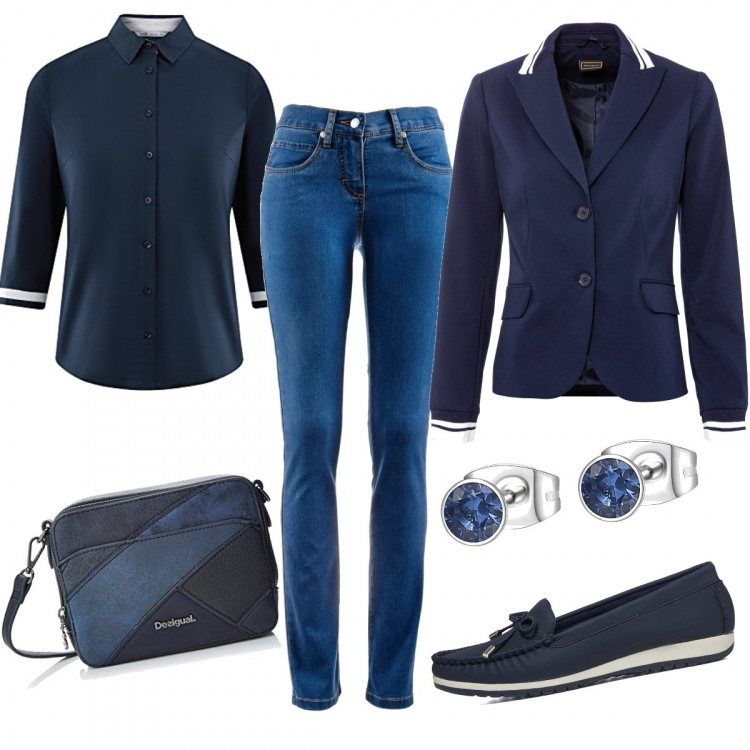 Outfit donna - Stile marinaro. Stile Casual chic per Tutti i giorni. Abbinamento con jeans dritti, blazer, orecchini, mocassini, camicie, borse a tracolla.