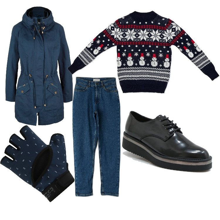 Outfit donna - Natale is coming. Stile Casual per Serata fuori. Abbinamento con parka, jeans mom, francesine, guanti, maglieria.