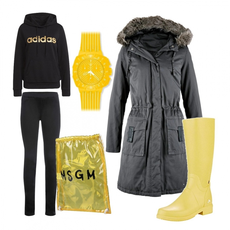 Outfit donna - Sotto la pioggia. Stile Casual per Tutti i giorni. Abbinamento con parka, jeggings, zaini, felpe con cappuccio, stivali di gomma, orologi.