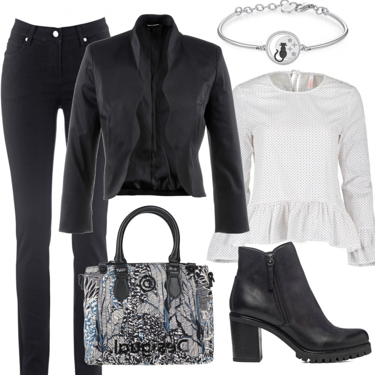 Outfit donna - A cena fuori. Stile Trendy per Serata fuori. Abbinamento con jeans dritti, blazer, borse a mano, braccialetti, stivaletti, bluse.
