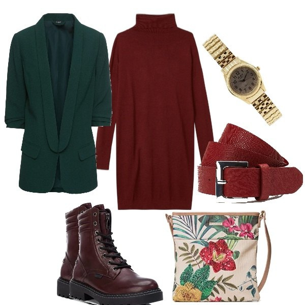 Outfit donna - Tempo libero. Stile Urban per Tutti i giorni. Abbinamento con blazer, orologi analogici, vestiti, cinture, stivaletti, borse a tracolla.