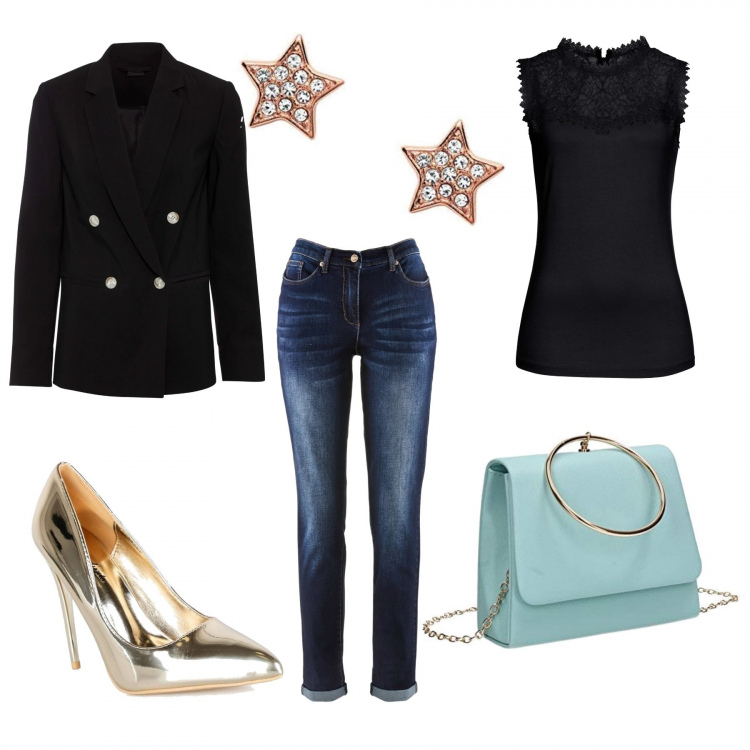 Outfit donna - Stelline. Stile Basic per Serata fuori. Abbinamento con jeans boyfriend, top, blazer, décolleté, orecchini, pochette.