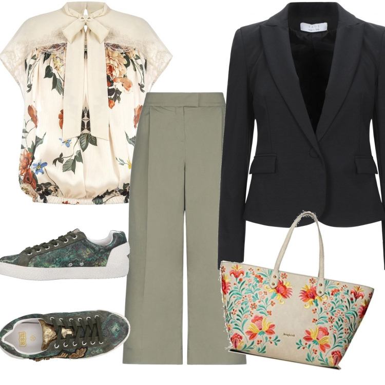 Outfit donna - Botanique. Stile Casual chic per Ufficio. Abbinamento con bluse, pantaloni, sneakers, blazer, borse a mano.