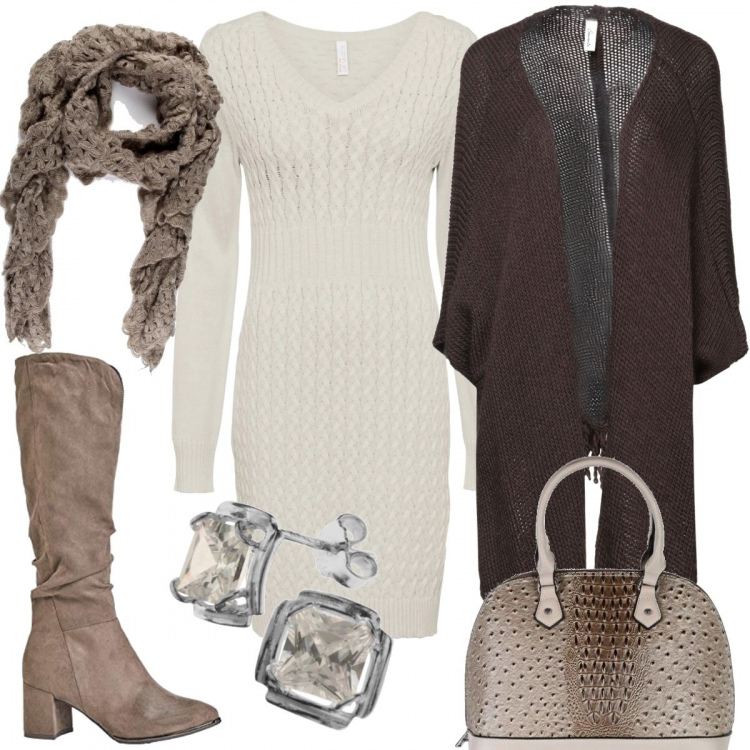 Outfit donna - Per curvy speciali. Stile Bon Ton per Serata fuori. Abbinamento con vestiti, cappe, borse a mano, sciarpe, stivali, orecchini.