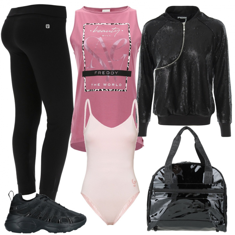 Outfit donna - Young sporty woman. Stile Sporty chic per Serata fuori. Abbinamento con borse a mano, sneakers, body, pantaloni, giacche, canottiere.