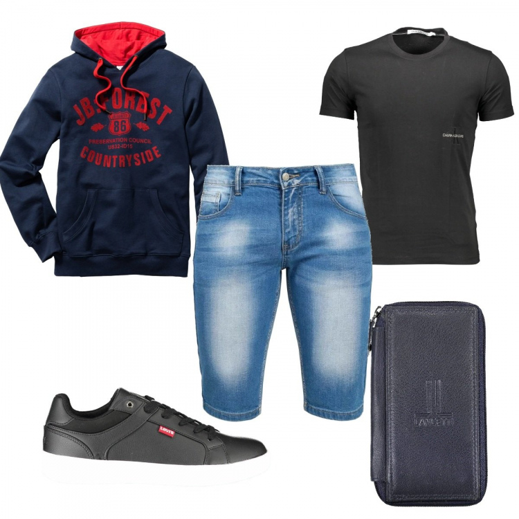Outfit uomo - È ancora tempo di bermuda. Stile Trendy per Tutti i giorni. Abbinamento con felpe con cappuccio, bermuda, portachiavi, t-shirt, sneakers.