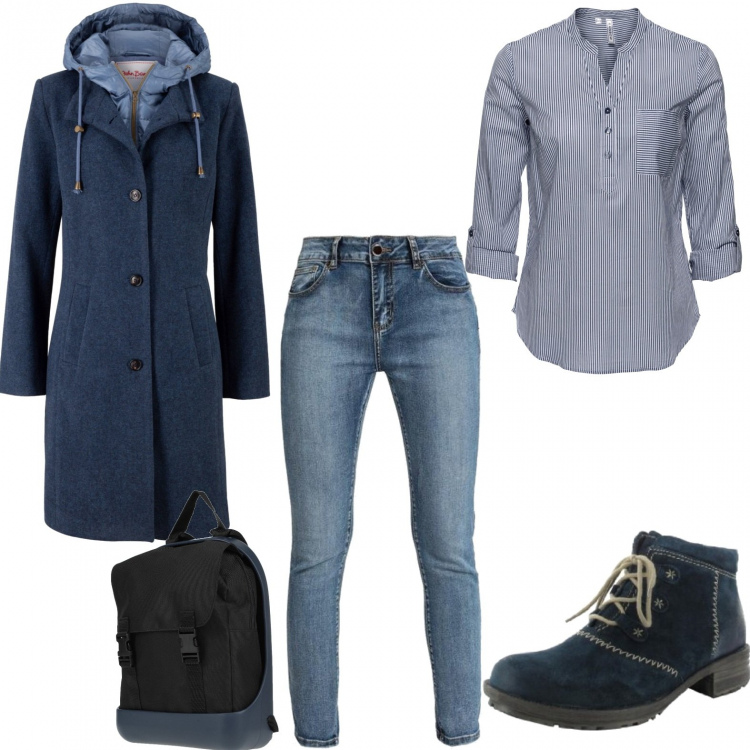 Outfit donna - Donne in jeans 19. Stile Casual per Scuola/Università. Abbinamento con cappotti, tuniche, zaini, jeans skinny, stivaletti.