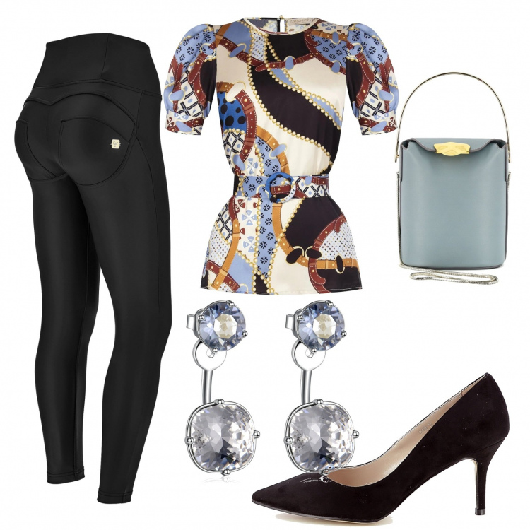 Outfit donna - Glamour #4244. Stile Glamour per Serata fuori. Abbinamento con bluse, borse a secchiello, décolleté, orecchini, pantaloni.