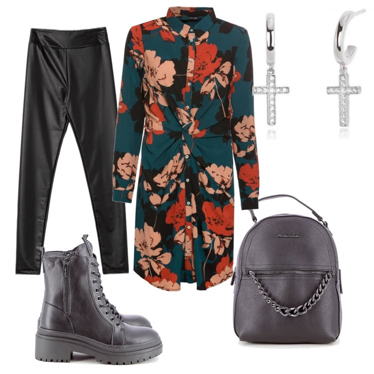 Outfit donna - Flower rock. Stile Rock per Tutti i giorni. Abbinamento con vestiti, zaini, anfibi, leggings, orecchini.