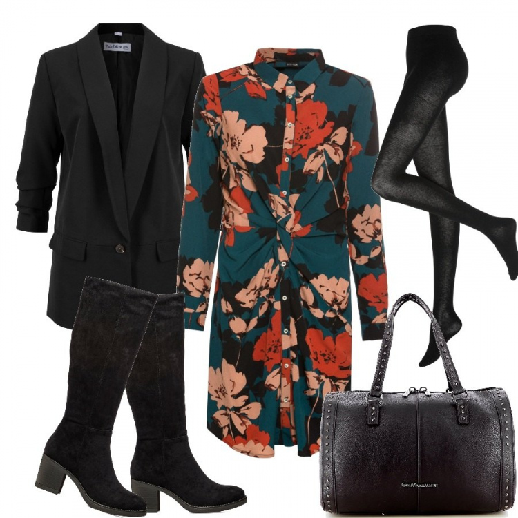 Outfit donna - I fiori in autunno curvy size. Stile Casual chic per Serata fuori. Abbinamento con vestiti, blazer, collant, borse a mano, stivali.