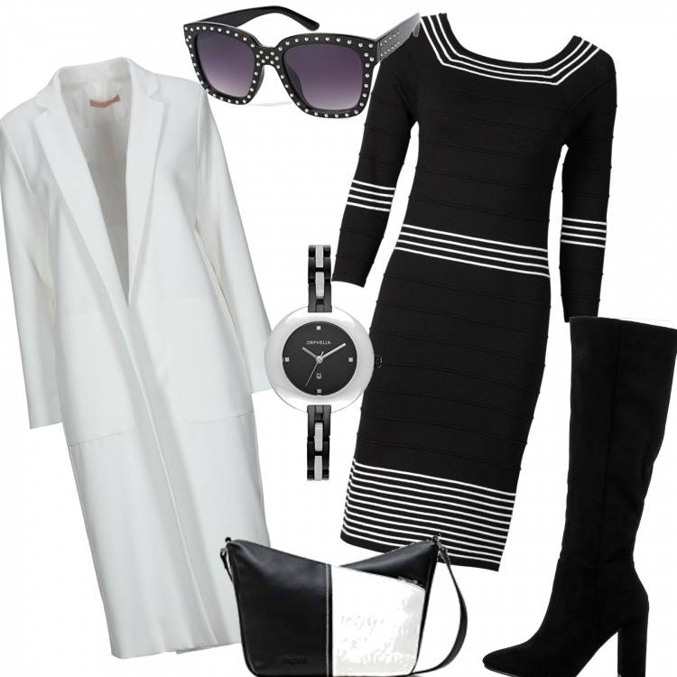Outfit donna - Black and white. Stile Bon Ton per Ufficio. Abbinamento con vestiti, cappotti, stivali, orologi analogici, borse a tracolla, occhiali da sole.