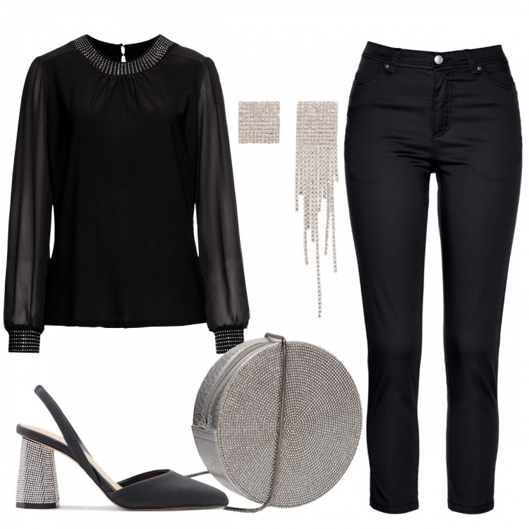 Outfit donna - Una serata brillante. Stile Glamour per Serata fuori. Abbinamento con pantaloni, maglieria, orecchini, décolleté, pochette.