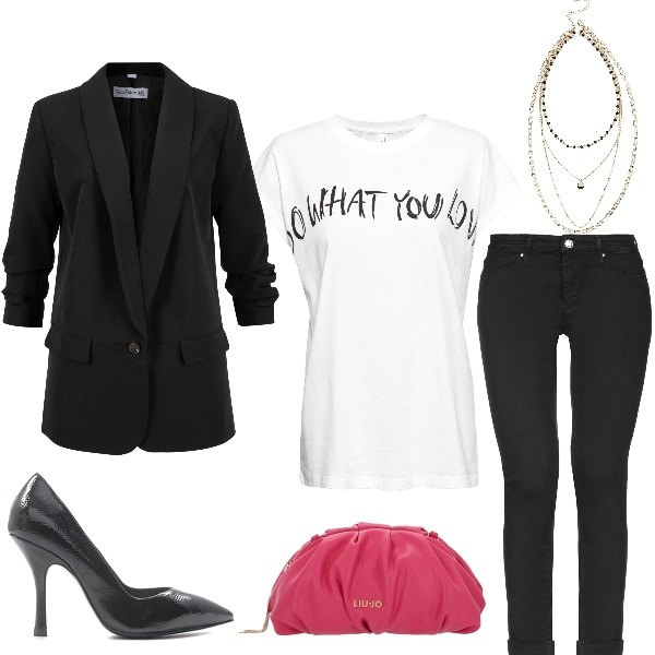 Outfit donna - Serata fuori. Stile Casual chic per Serata fuori. Abbinamento con maglieria, blazer, pantaloni, collane, pochette, décolleté.